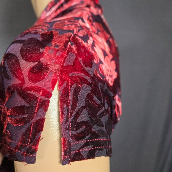 Vintage 90s Red Flocked Velvet Burnout Asian Style Top Size S Gothic Whimsigoth - Picture 10 of 14
